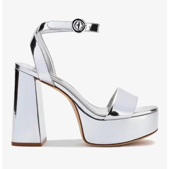 LARROUDE Dolly Sandal Womens 9 Silver Specchio Platform Criss Cross Ankle Strap - Picture 1 of 16